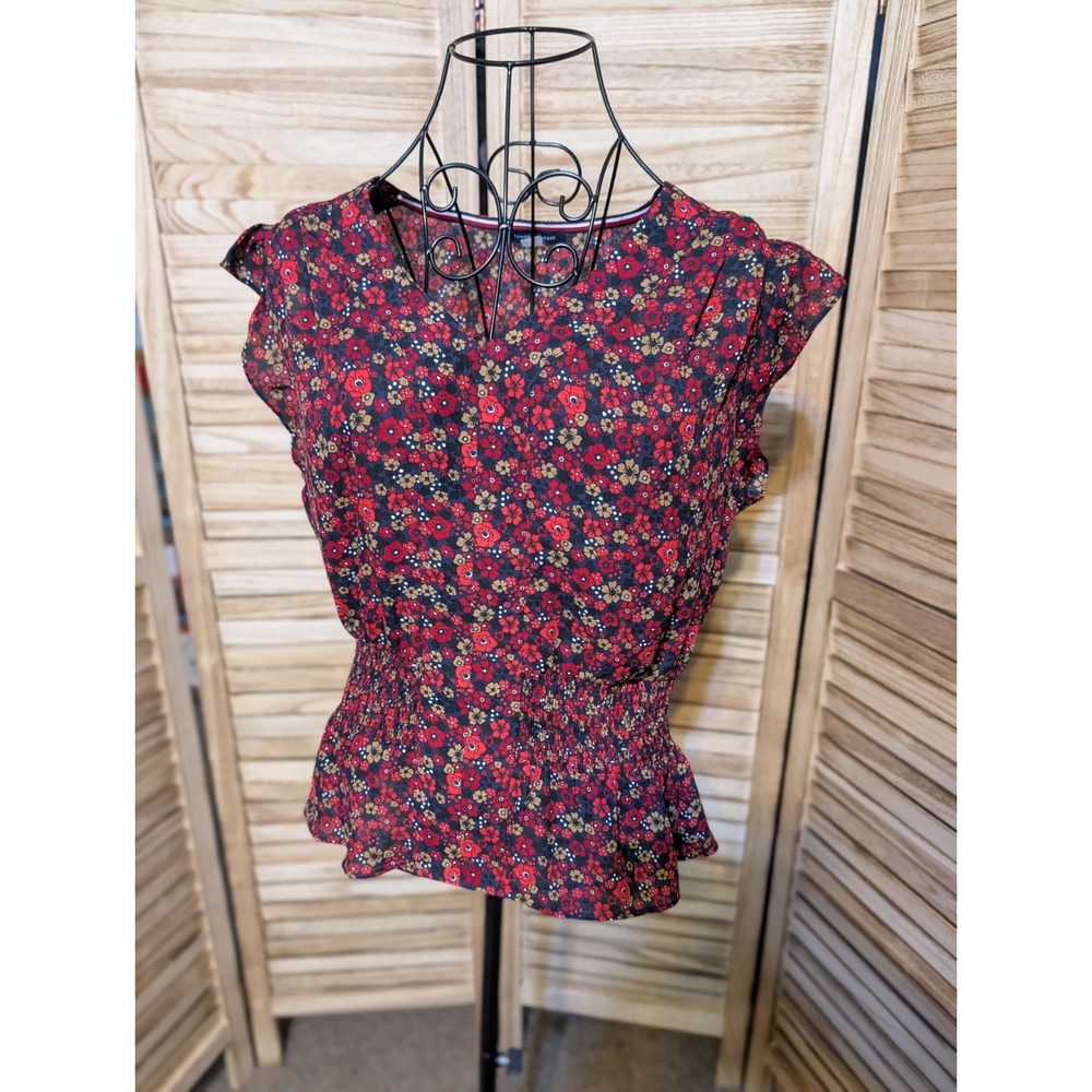 Tommy Hilfiger Short Sleeve Top Black, Red, White Floral Stretch Women's Medium